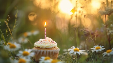Birthday Cupcake in a Meadow with Candle at Sunset