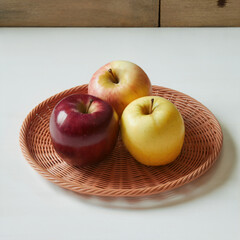 Mixed Apple Varieties on Terracotta Woven Plate with Wooden Background