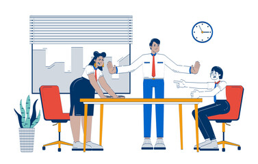 Conflict resolution doodle cartoon illustration. Business mediation negotiation. HR manager calming down colleagues argument 2D flat characters isolated on white. Doodleart hand-drawn drawing colorful