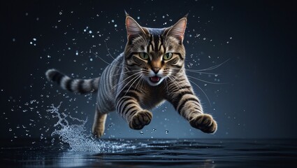 Tabby cat leaping through water droplets feline jumping