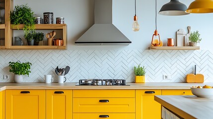 Bright yellow kitchen cabinets with modern design and herringbone backsplash for home interior decor ideas