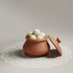 Terracotta Pot with White Laddus on Mandala Patterned Surface