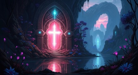 Mystical portal opens to a glowing sacred sanctuary deep within a fantasy cavern landscape