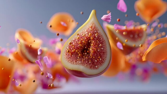 Close up of a fruit with a flower on top. The fruit is a fig and the flower is pink. The image has a dreamy, whimsical feel to it