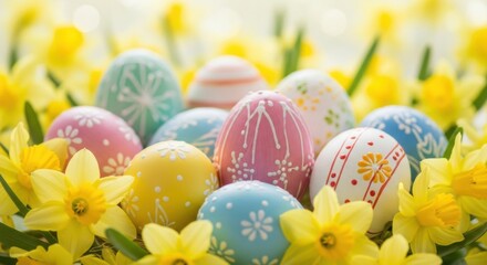 Colorful Painted Easter Eggs Nestled Among Bright Yellow Daffodils in Spring
