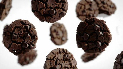 Chocolate chip cookies falling, levitating on bright, clean background