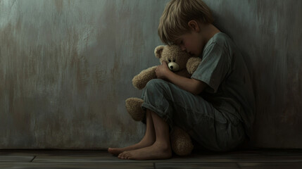 Naklejka na ściany i meble Lonely Child Hugging Teddy Bear in a Distressed Room