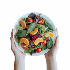 Top View of Hands Holding Fresh Colorful Salad on White Background