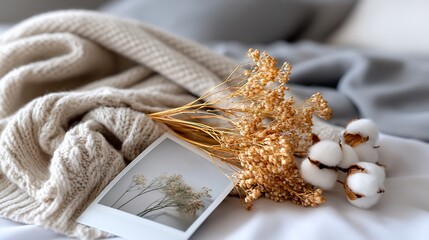 Cozy composition knit blanket, dried flowers, polaroid, and cotton on soft bed