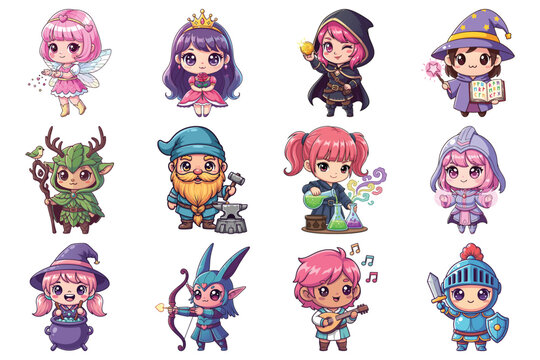 Chibi magical fantasy characters professions collection vector illustration