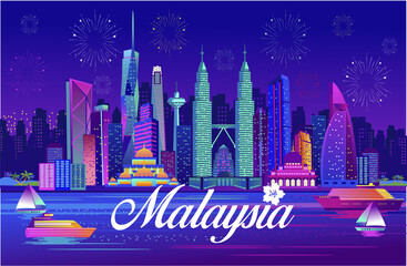 Malaysia Kuala Lumpur Skyline background with Beautiful Night Skysrcapers View and Fantastic City Lights. Best for Malaysia Background, Banner, Backdrop, Poster, Business, Travel and Tourism Promos