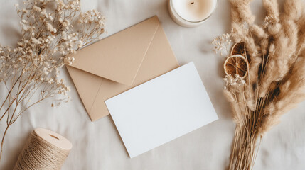 Mockup blank white card brown envelope candle dried flowers pampas grass flat lay neutral beige aesthetic stationery wedding invitation cozy home decor natural organic minimalist design template.