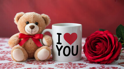 Valentine’s Day Teddy Bear and Mug with Red Rose on Damask Tablecloth