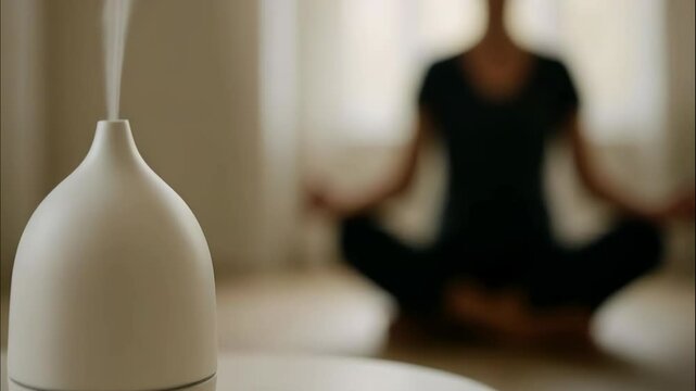 Essential oil diffuser with mist in foreground and woman meditating in blurred background. Daily wellness and healthy lifestyle footage.