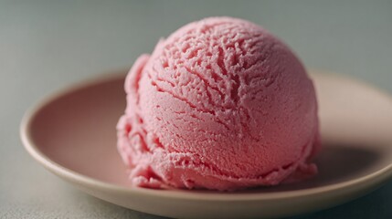 Single pink scoop placed precisely on matte plate, large margin above