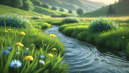 Verdant Meadow Stream With Yellow Blue Wildflowers nature green grass