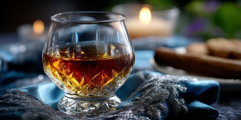Whiskey glass filled with amber liquid beside candles and cookies on a blue fabric in a cozy evening setting