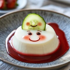 A delicious white panna cotta dessert is decorated with a cucumber slice, creating a cute face, and served in a gray bowl with a red berry sauce.