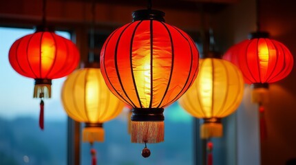 Obraz premium Title: Traditional Chinese Lanterns Glowing Warmly in the Night