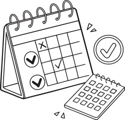 Marked Calendar and Checklist: a minimalist black and white graphic of a calendar, marked with checkmarks, illustrating planning, schedule, and task management.