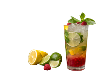 Refreshing Summer Cocktail: A vibrant and tempting cocktail glass filled with a mix of fruits, herbs, and ice, evoking refreshing feelings.