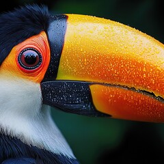 A vibrant male toucan with a striking yellow and orange beak, adorned with black feathers and glistening water droplets, is captured in a close-up portrait.
