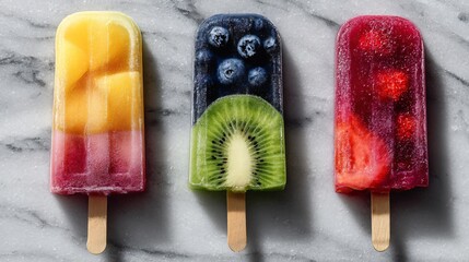 Trio of fruit popsicles flat lay on cold marble, wet shadows, copy space top