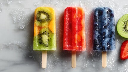 Trio of fruit popsicles flat lay on cold marble, wet shadows, copy space top