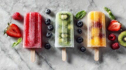 Trio of fruit popsicles flat lay on cold marble, wet shadows, copy space top