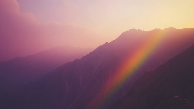 Mountain range sunset rainbow landscape, hazy backdrop, travel poster