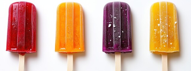 Four colorful popsicles with wooden sticks are arranged in a row on a white surface, showcasing a variety of fruit flavors and vibrant hues.