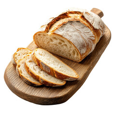 Crusty artisan bread loaf sliced on wooden board isolated on a transparent background