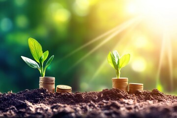Two young plants sprout from stacks of coins in rich soil, bathed in golden sunlight, symbolizing growth and financial prosperity.
