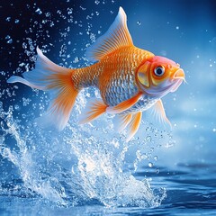 A vibrant golden goldfish leaps dramatically through a burst of sparkling water, creating a dynamic and energetic splash.