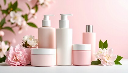 cosmetic bottles with pink flowers and cosmetic brush