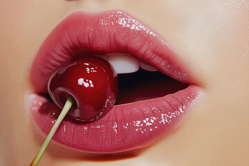 Cherry Kiss: A captivating close-up of luscious lips adorned with a glistening cherry, evoking sensuality, sweetness, and allure.