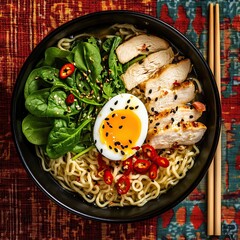 A delicious bowl of chicken ramen is served with soft noodles, sliced chicken, a soft boiled egg, spinach, chili peppers, and sesame seeds, presented on a colorful patterned tablecloth.