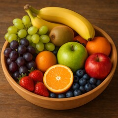 A wooden bowl overflowing with a colorful assortment of fresh fruits, including bananas, grapes, apples, oranges, strawberries, and blueberries.