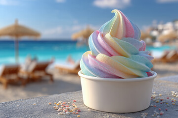 Rainbow Swirl Treat by the Sea: A refreshing swirl of colorful soft serve ice cream sits, perfect for a day at the beach under a bright, sunlit sky.