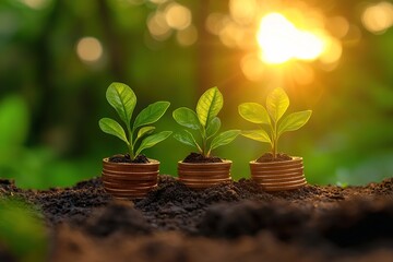 Three small plants grow in stacked coins on dark soil, illuminated by a warm, golden sunrise.