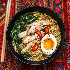 A bowl of chicken ramen is topped with sliced chicken, a soft boiled egg, spinach, chili peppers, and noodles, served on a vibrant patterned tablecloth.