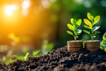 Two young plants sprout from stacks of coins, symbolizing growth and financial prosperity against a blurred natural background.