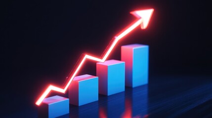 Neon arrow uptrend graph, dark background, growth chart, business success