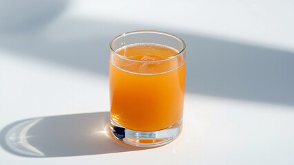 A glass of orange juice on a white background.