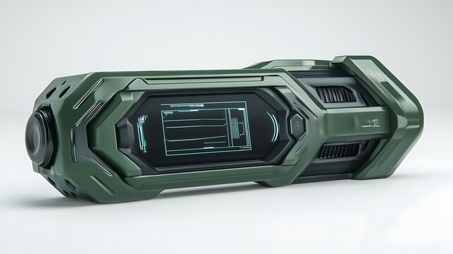 Close up of a futuristic device with a screen on a white background view