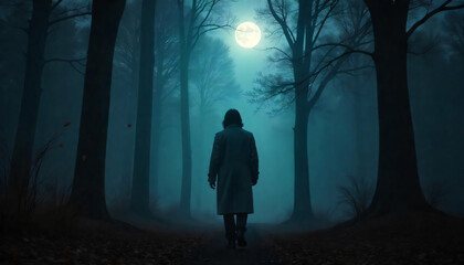 moody cinematic shot of a man walking alone in a foggy forest, autumn leaves falling