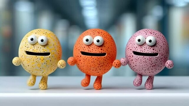 Three cartoonish looking eggs with one of them having an open mouth. The eggs are in a row and appear to be in a room
