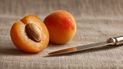 Apricot halves on linen with shadows, fruit knife beside