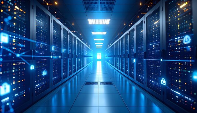 A sleek data center with glowing server racks, fiber optic cables, and digital security overlays