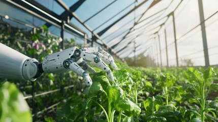 Robotic arm nurturing crops in a greenhouse embodying future farming